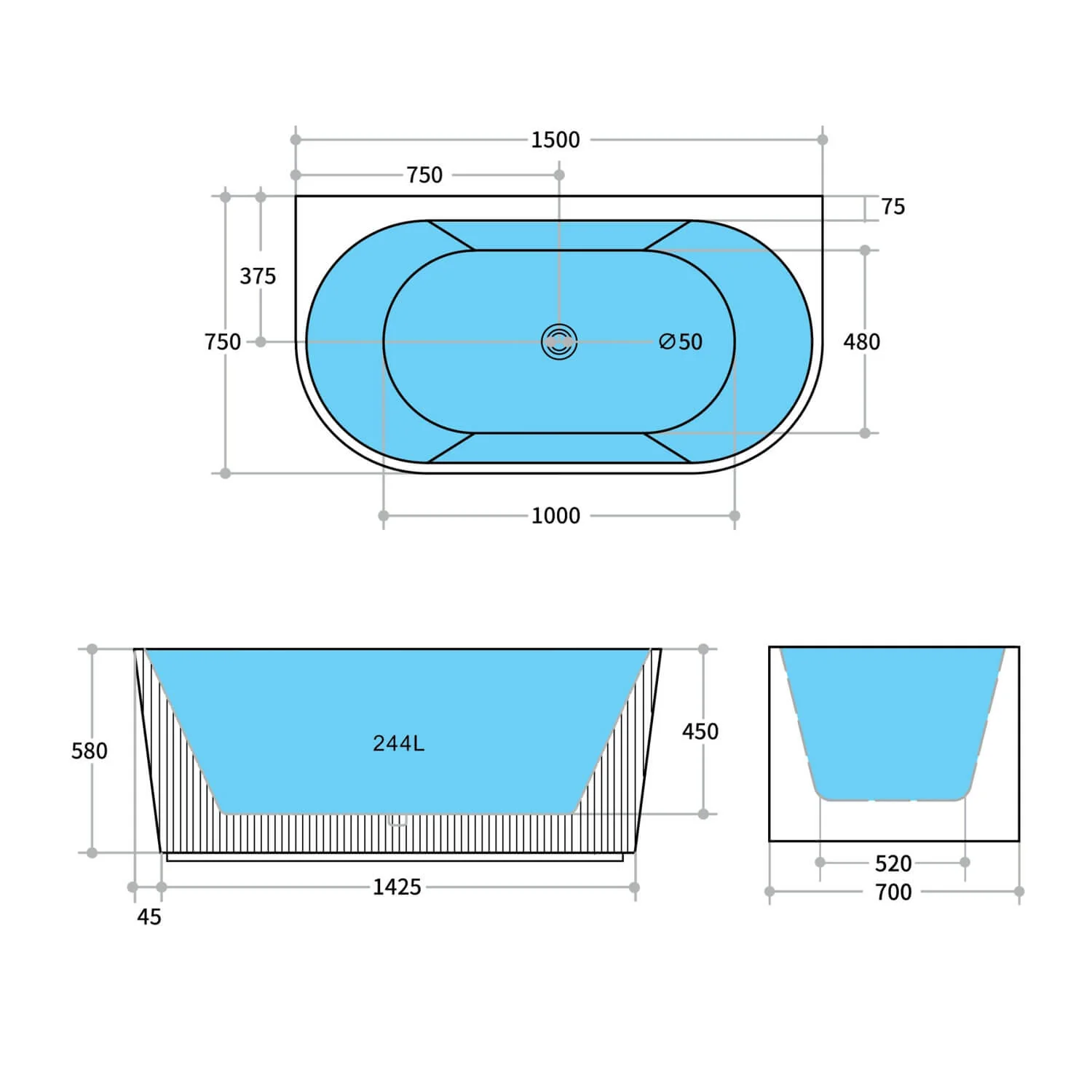 Bari Back to Wall Fluted Groove Freestanding Bathtub - Image 4
