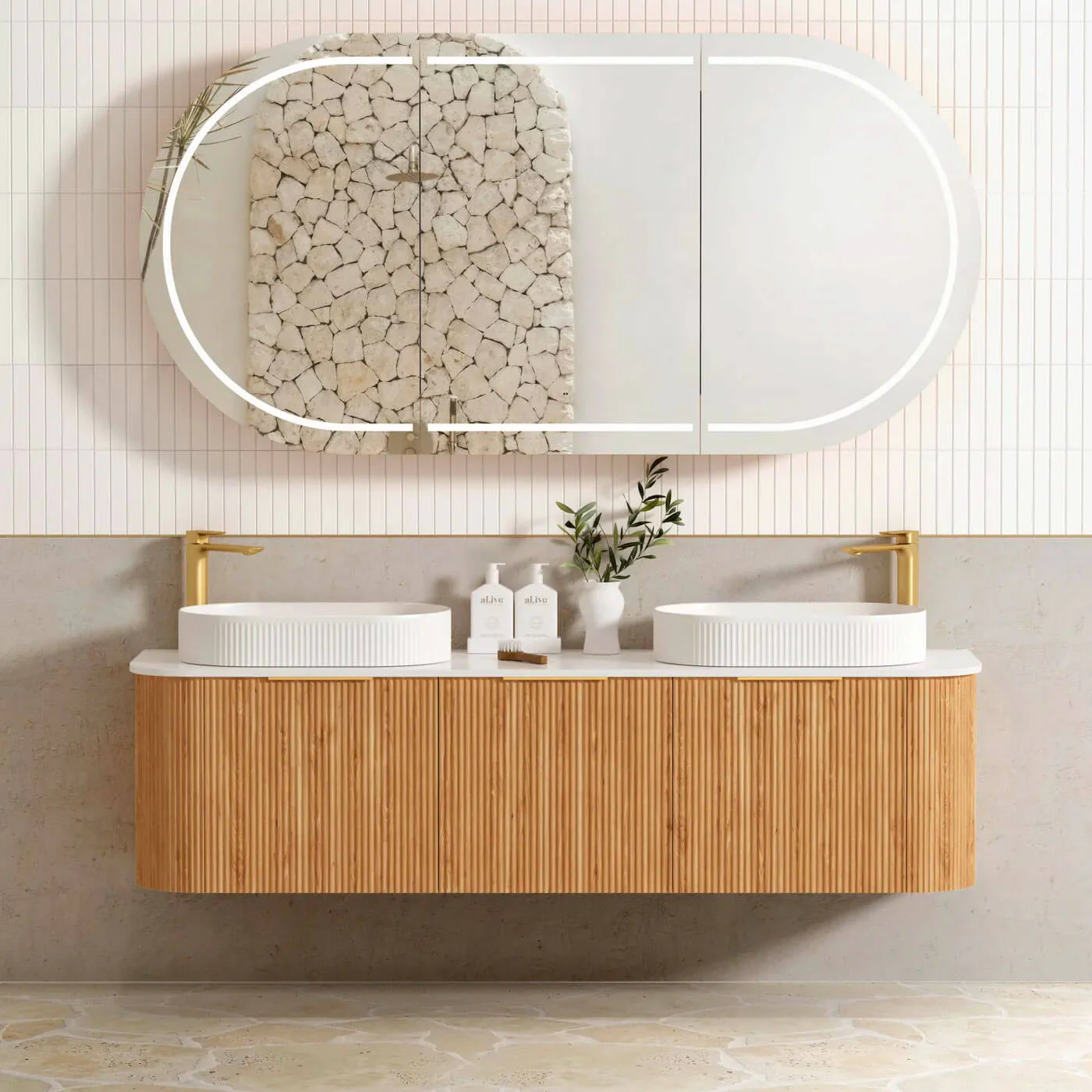 Bondi Fluted Oak Curved Wall Hung Vanity - Image 6