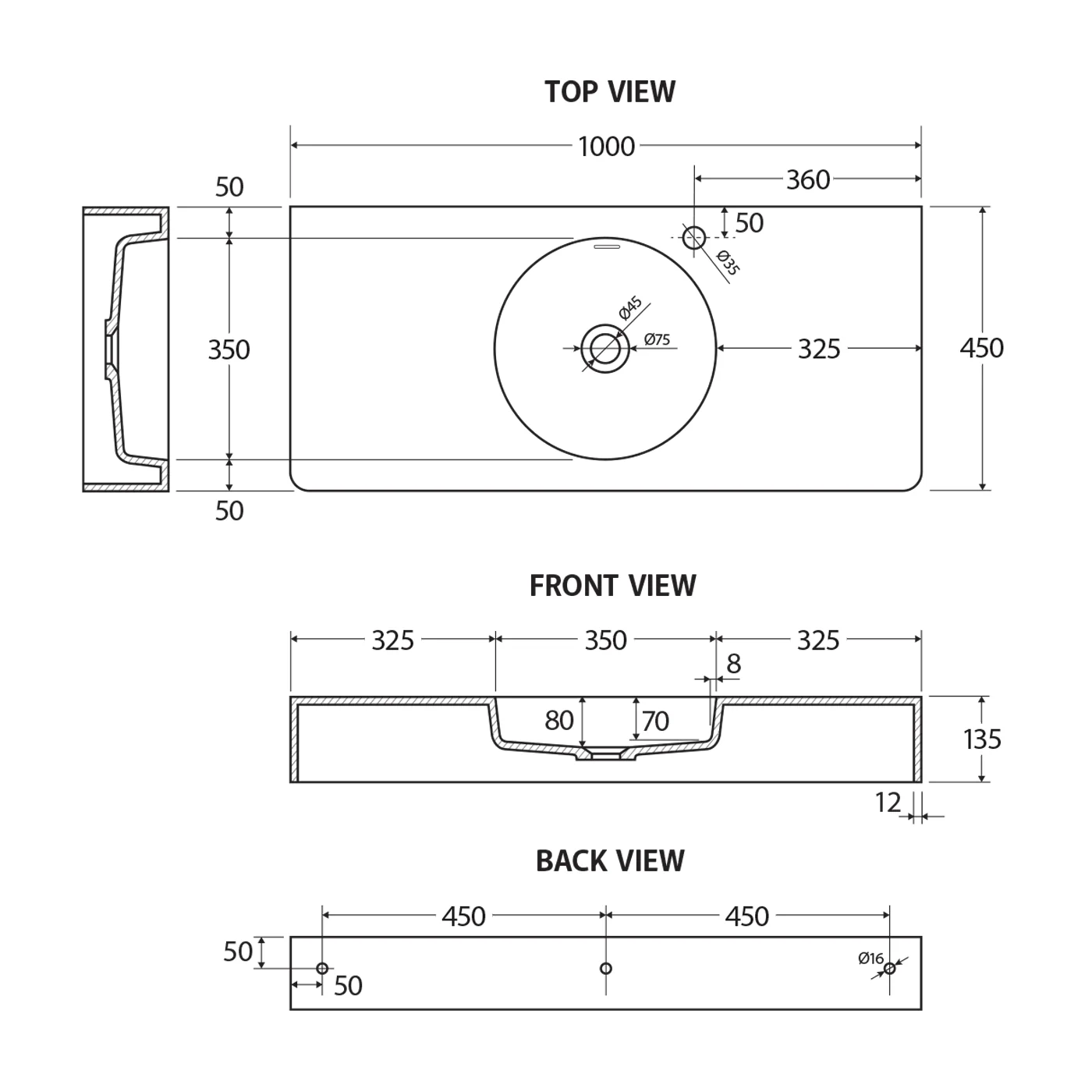 Encanto Slimline Cast Stone Wall Hung Basin 1000mm - Image 4