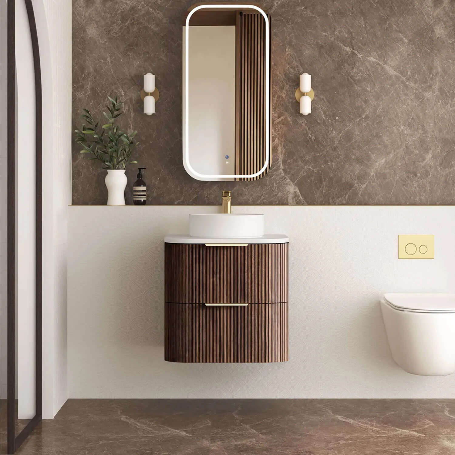 Havana Walnut Fluted Curved Wall Hung Vanity - Image 3