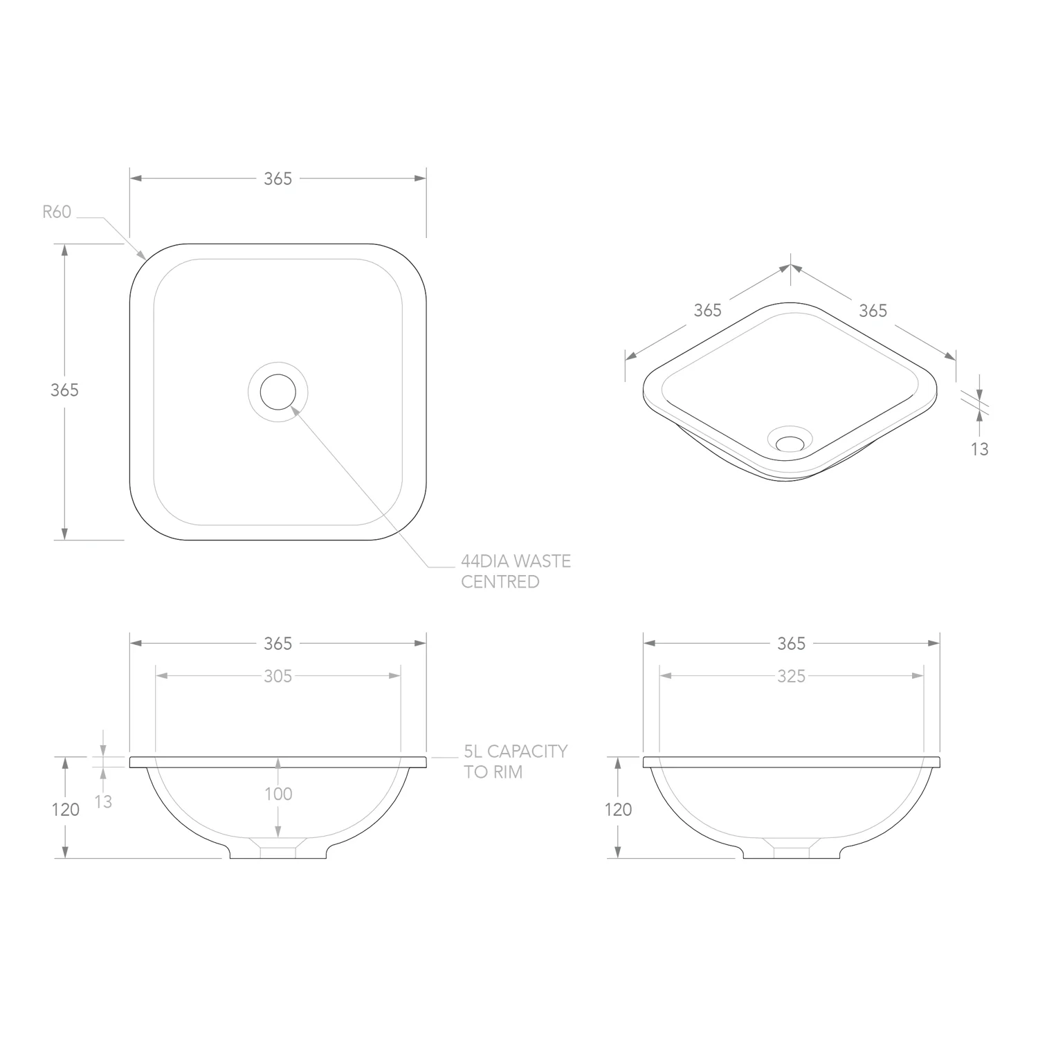 Honour Square Solid Surface Basin 365mm - Image 3