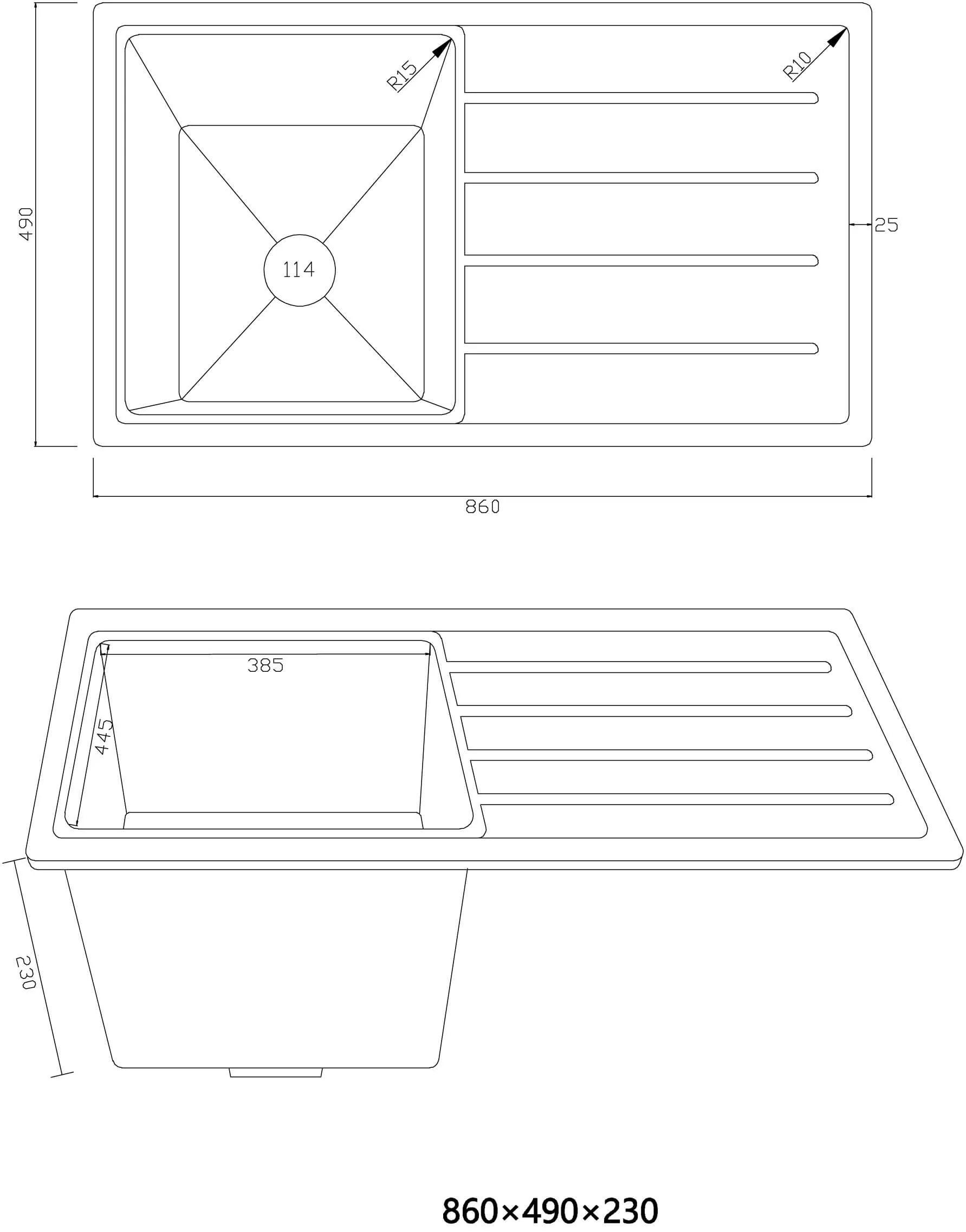 Iris Single Bowl Granite Sink with Drainer 860x490x230mm - Image 3