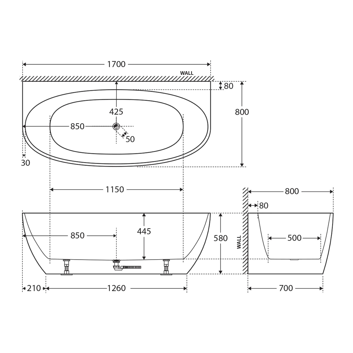 Keeto Back to Wall Bathtub Gloss White - Image 6