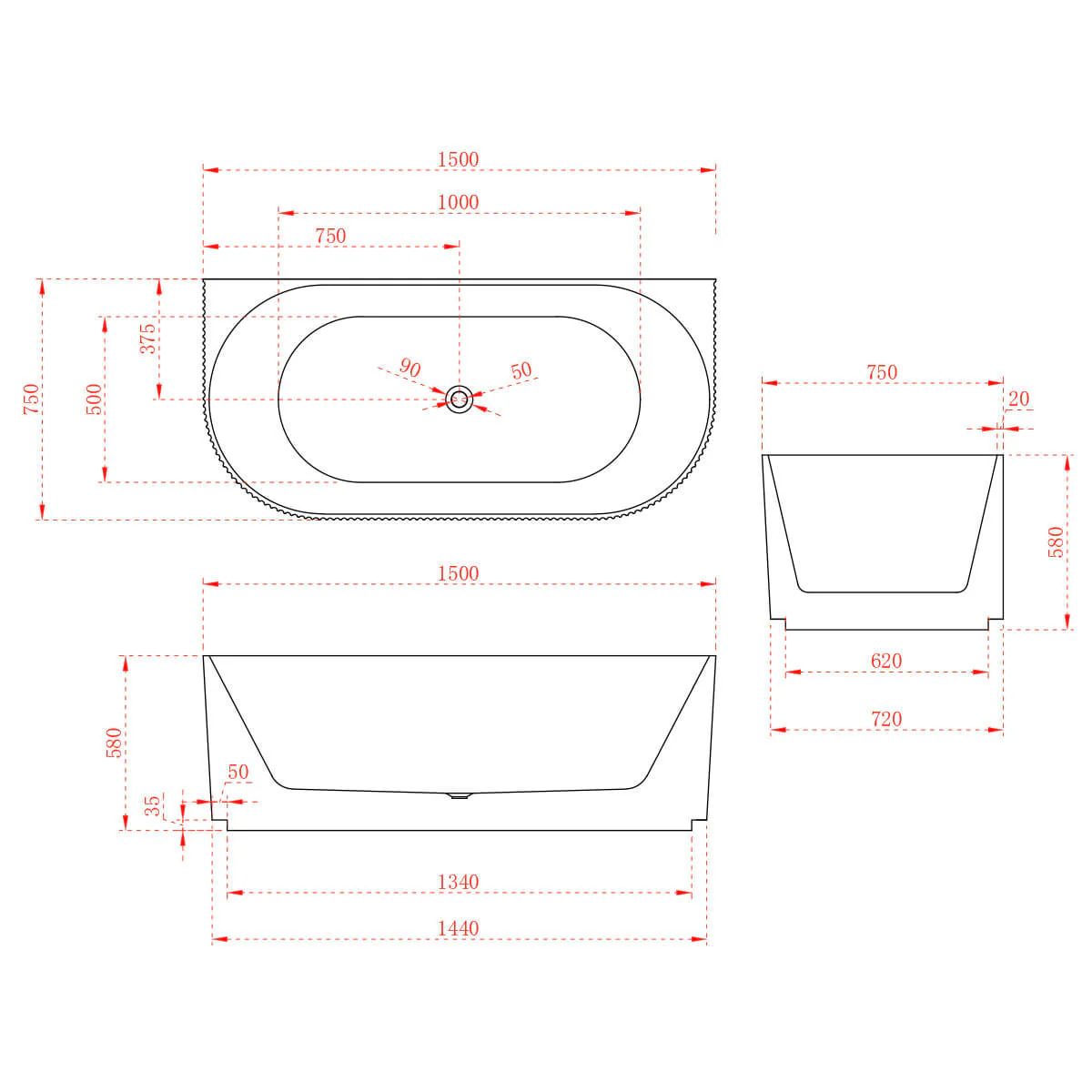 Kira Back-To-Wall Ribbed Freestanding Bathtub - Image 3