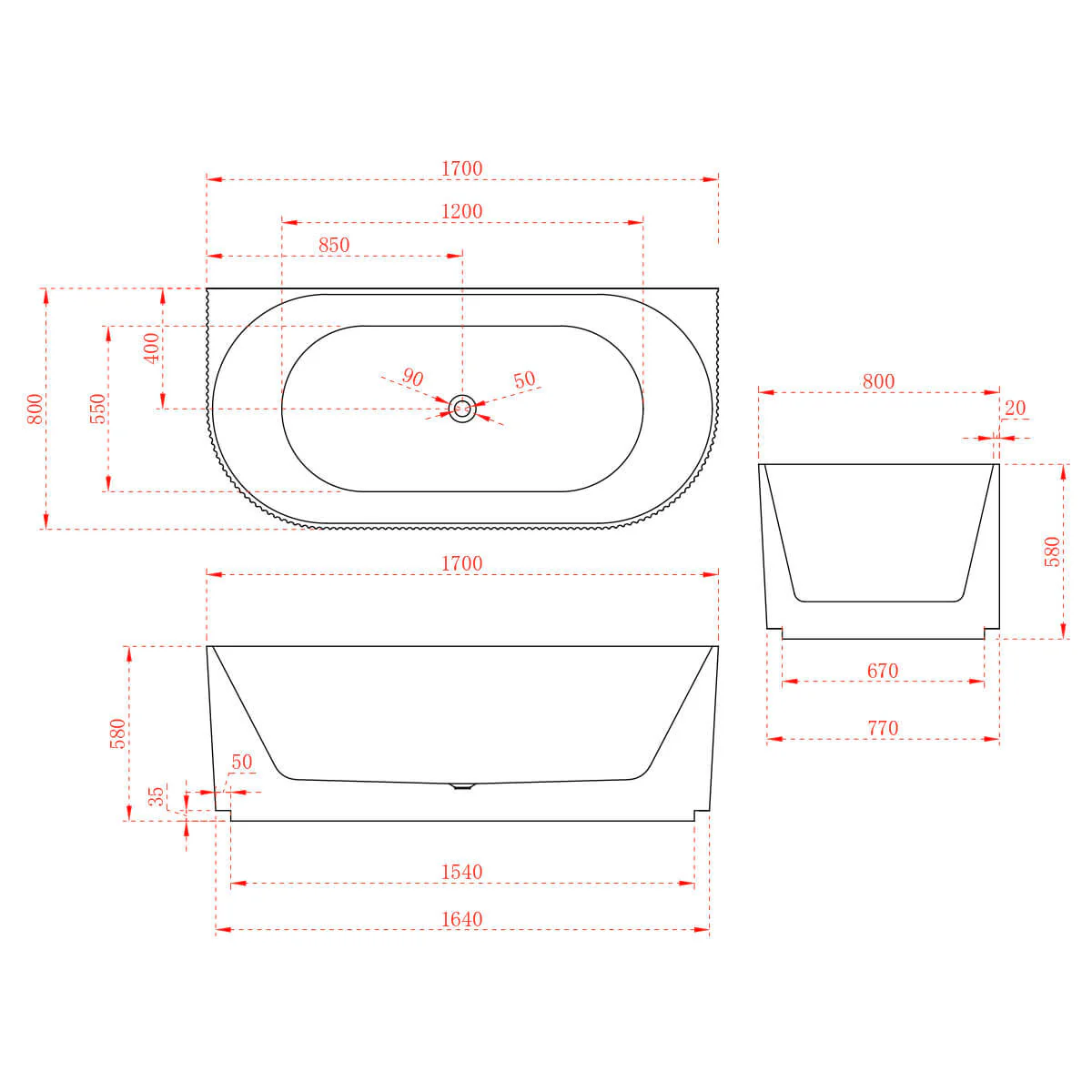 Kira Back-To-Wall Ribbed Freestanding Bathtub - Image 4