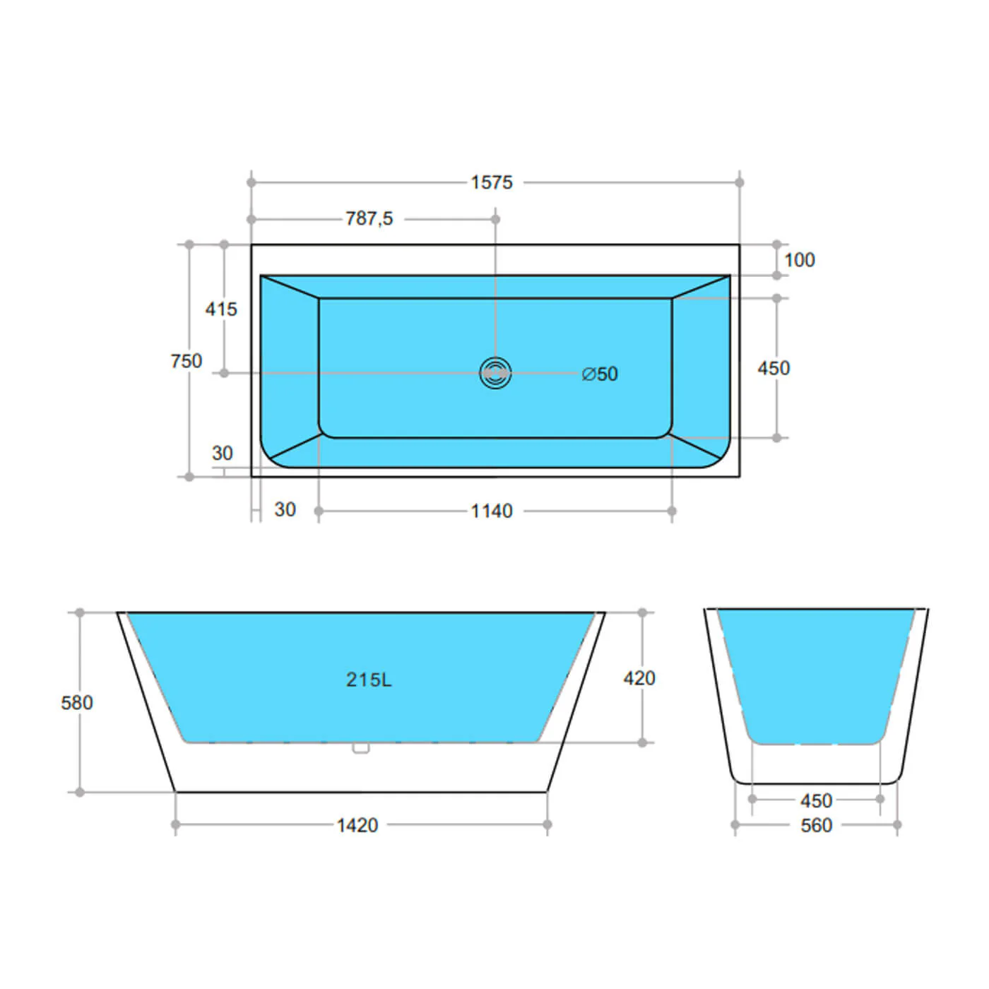 Lune Square Back to Wall Bathtub - Image 3
