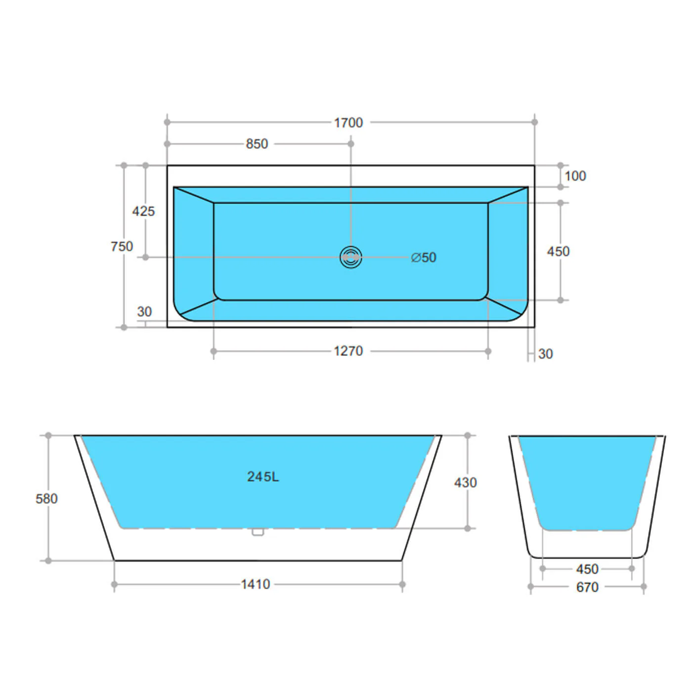 Lune Square Back to Wall Bathtub - Image 4