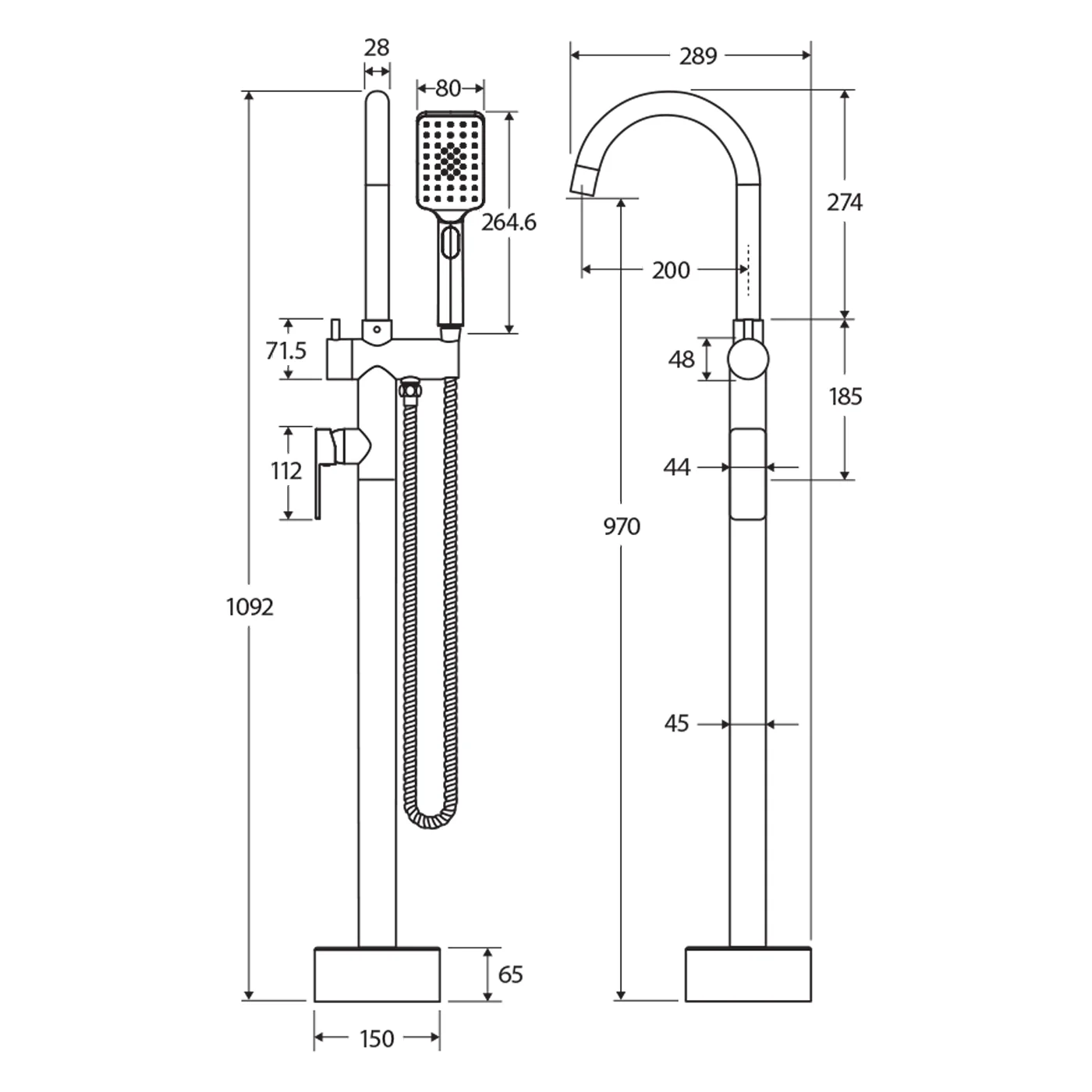 Tono Square Floor Mounted Bath Mixer Spout - Image 6